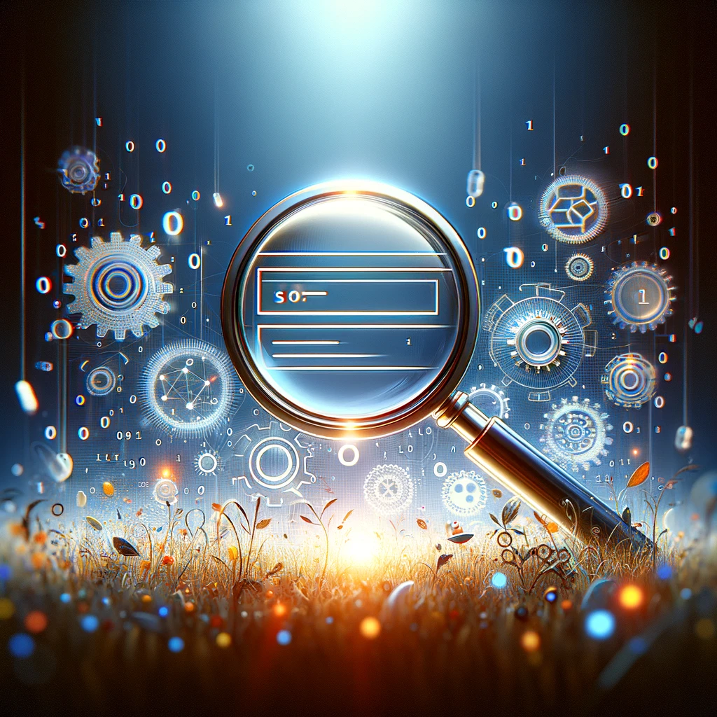 SEO analysis depicted through magnifying glass revealing digital gears and organic elements.