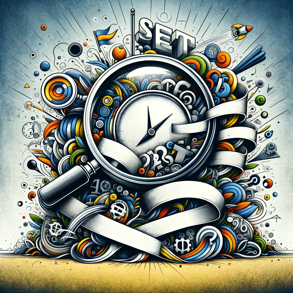 Abstract SEO concept image featuring an exploding clock surrounded by intricate designs.