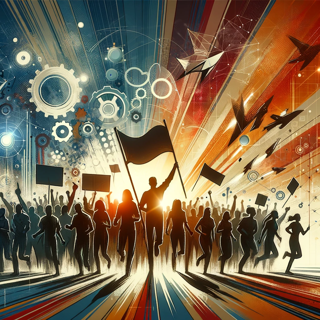 Inspiring illustration of unified people driving revolution amid futuristic, vibrant backdrop.