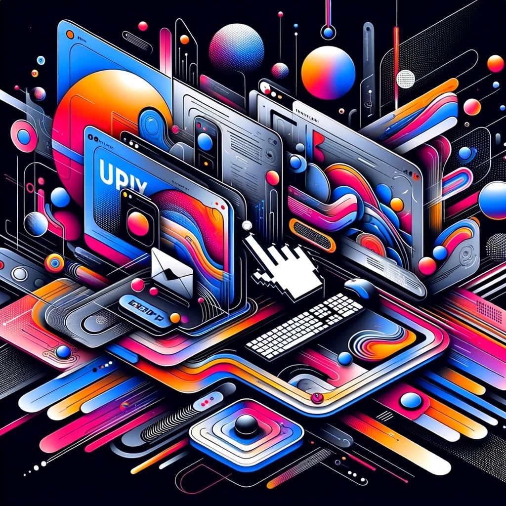 Abstract illustration of futuristic web design trends with vibrant colors and interactive digital elements.