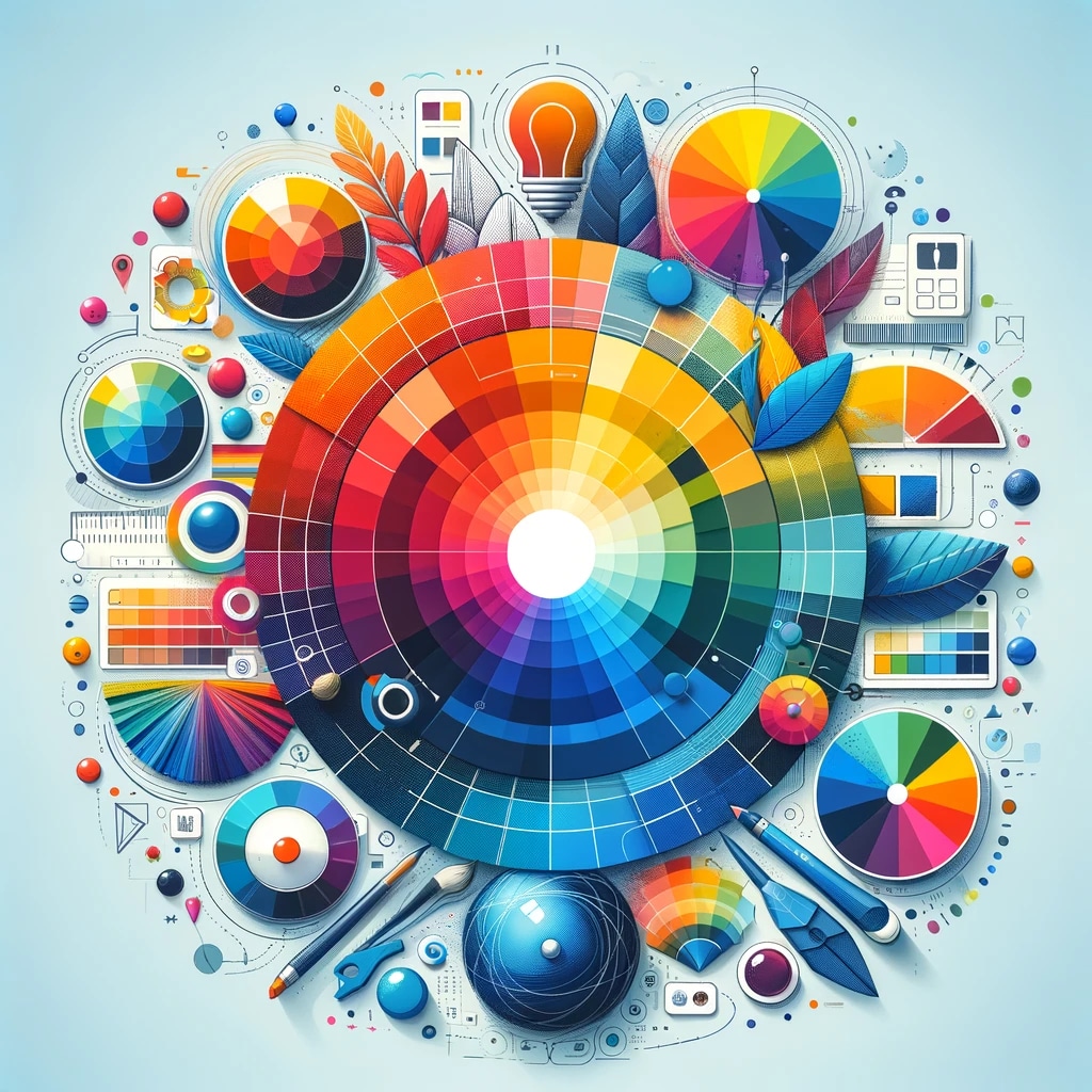 Digital artwork of a color wheel and design icons representing color theory in web design.