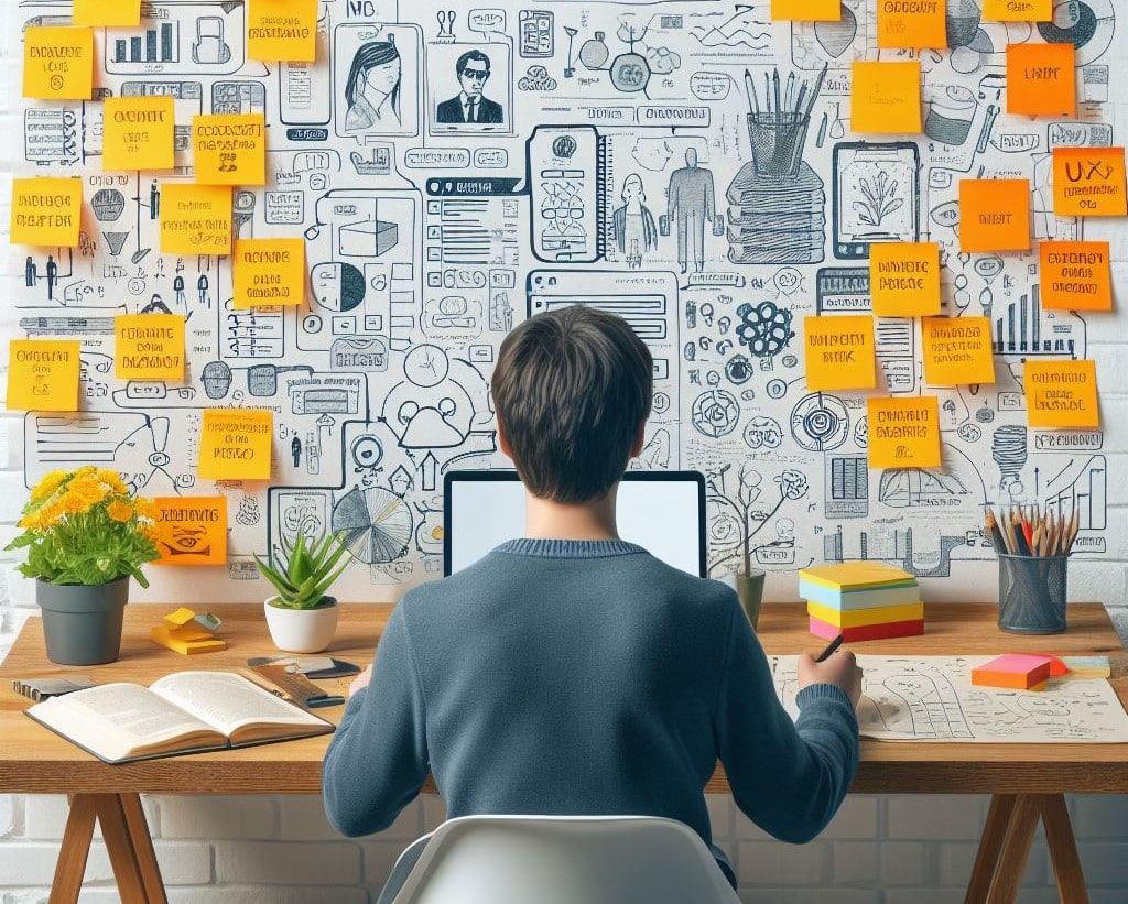 Person studying UX/UI design amid a creative workspace with sticky notes and diagrams.