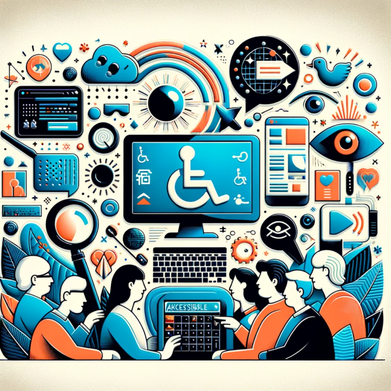 Inclusive tech team discussing digital accessibility around a computer displaying a wheelchair symbol.