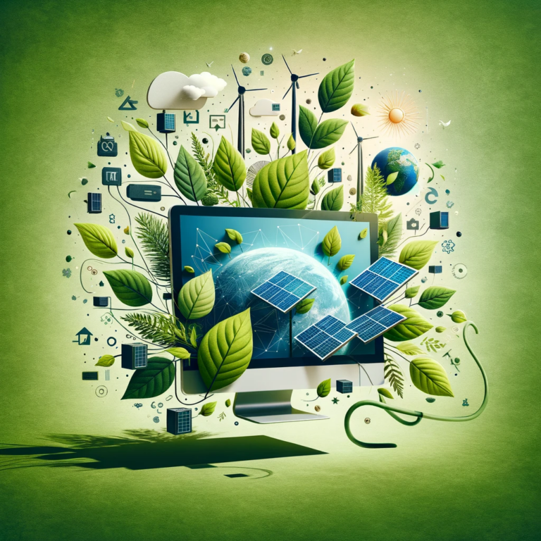 Digital illustration promoting eco-friendly web design through integration of technology and nature.