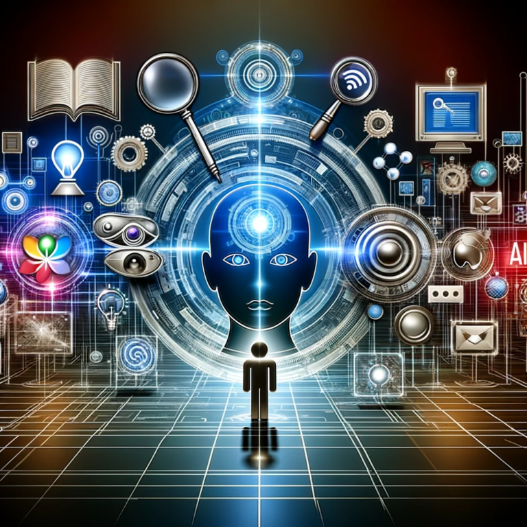 Futuristic SEO strategies visualization with human figure interacting with digital symbols and icons.