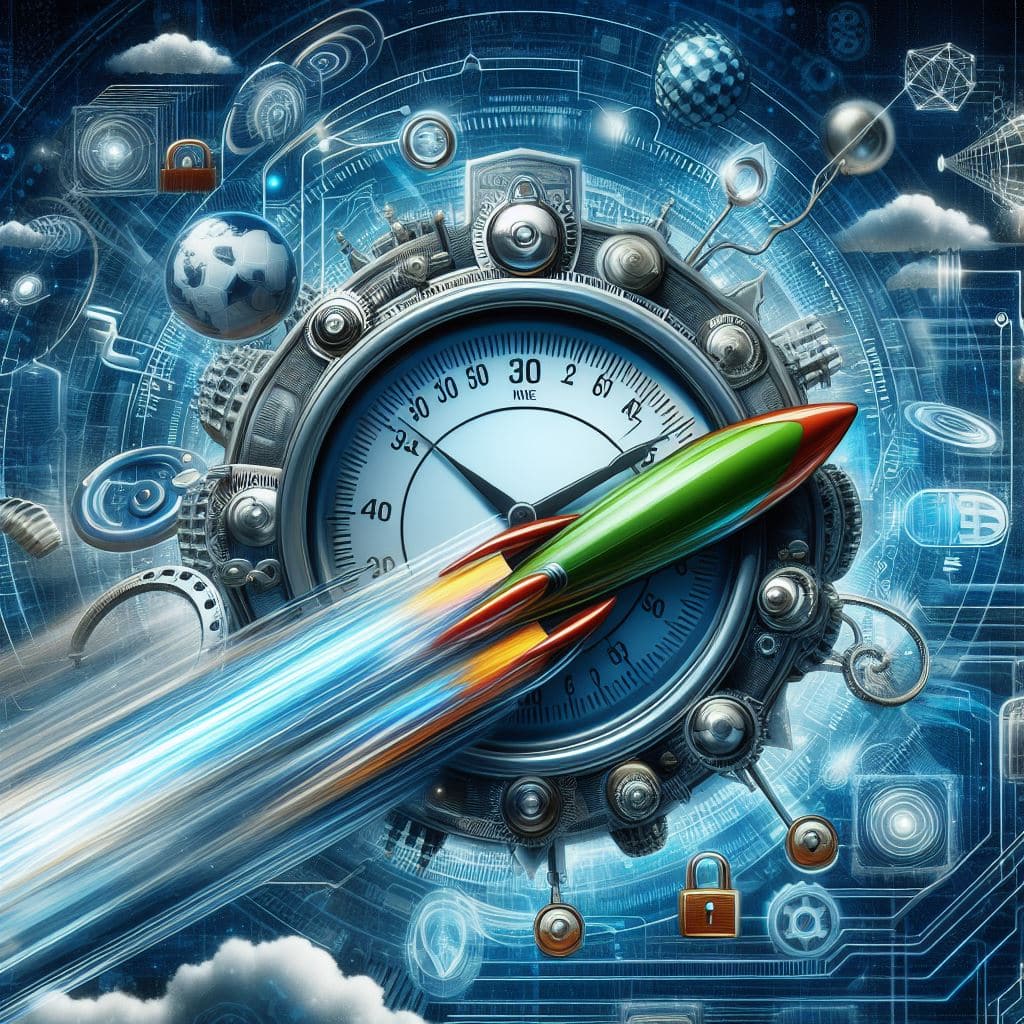 Futuristic illustration of a rocket launching from a stopwatch, symbolizing speedy technological innovation.