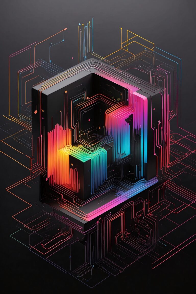 Stylized 3D neon cube symbolizing complex digital and quantum technology concepts.
