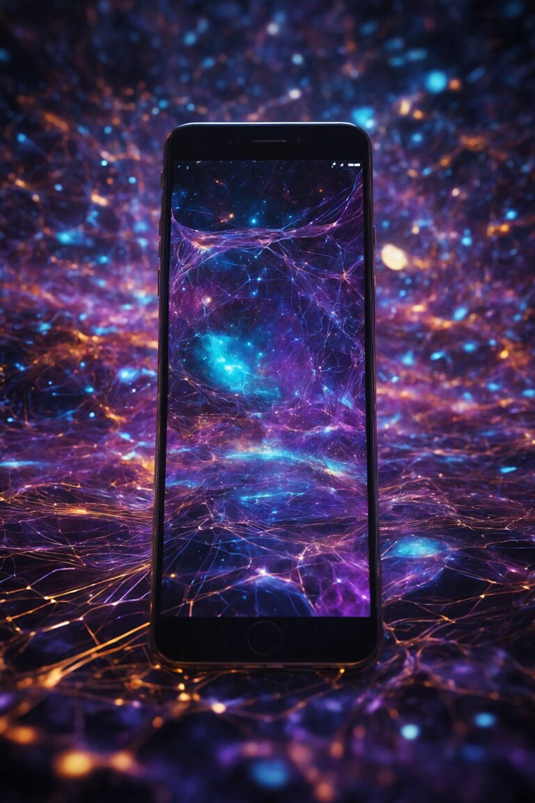 Modern smartphone displaying cosmic theme against illuminated fiber backdrop.