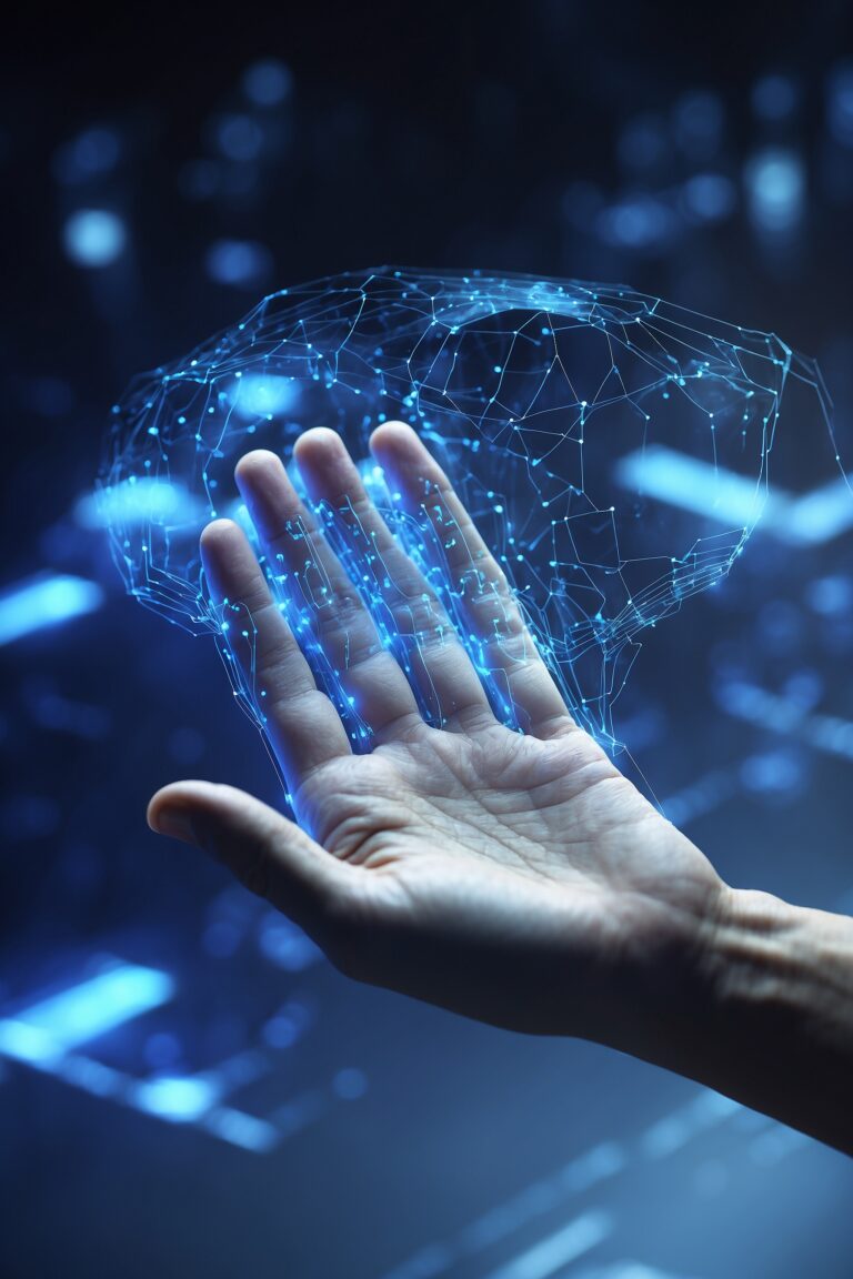 Human hand overlaid with glowing digital network symbolizing innovative technology and connectivity.