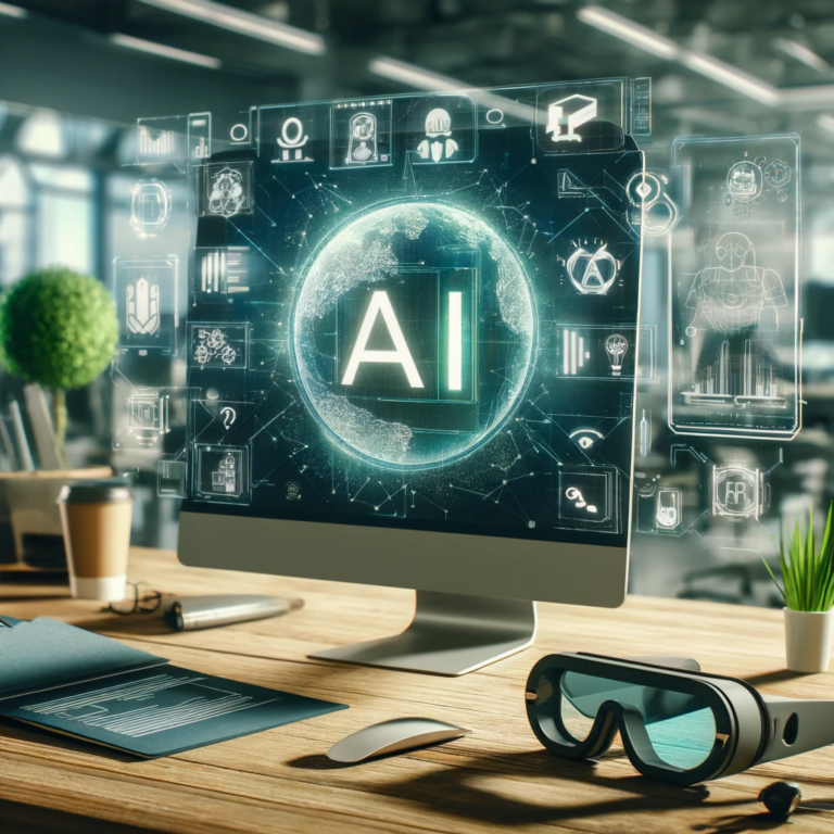 Modern AI-centric workspace with smart glasses, digital icons, and eco-friendly elements.