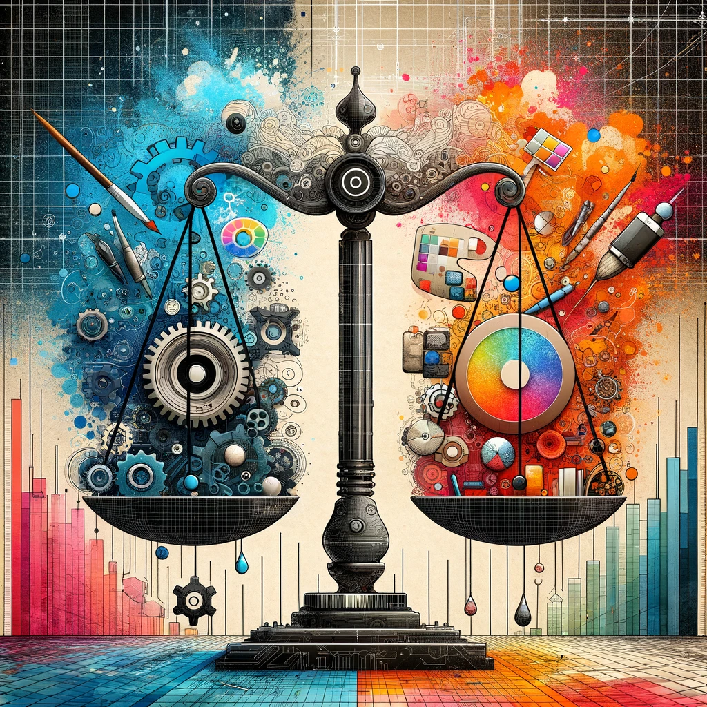 Illustration of balance scale contrasting vibrant artistic elements and cool industrial components.