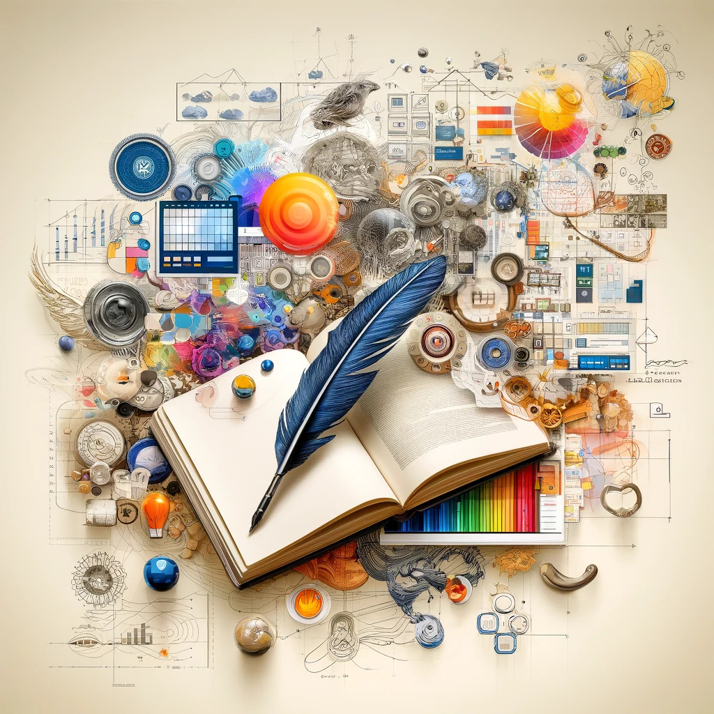 Creative digital illustration of knowledge explosion from an open book with a quill.