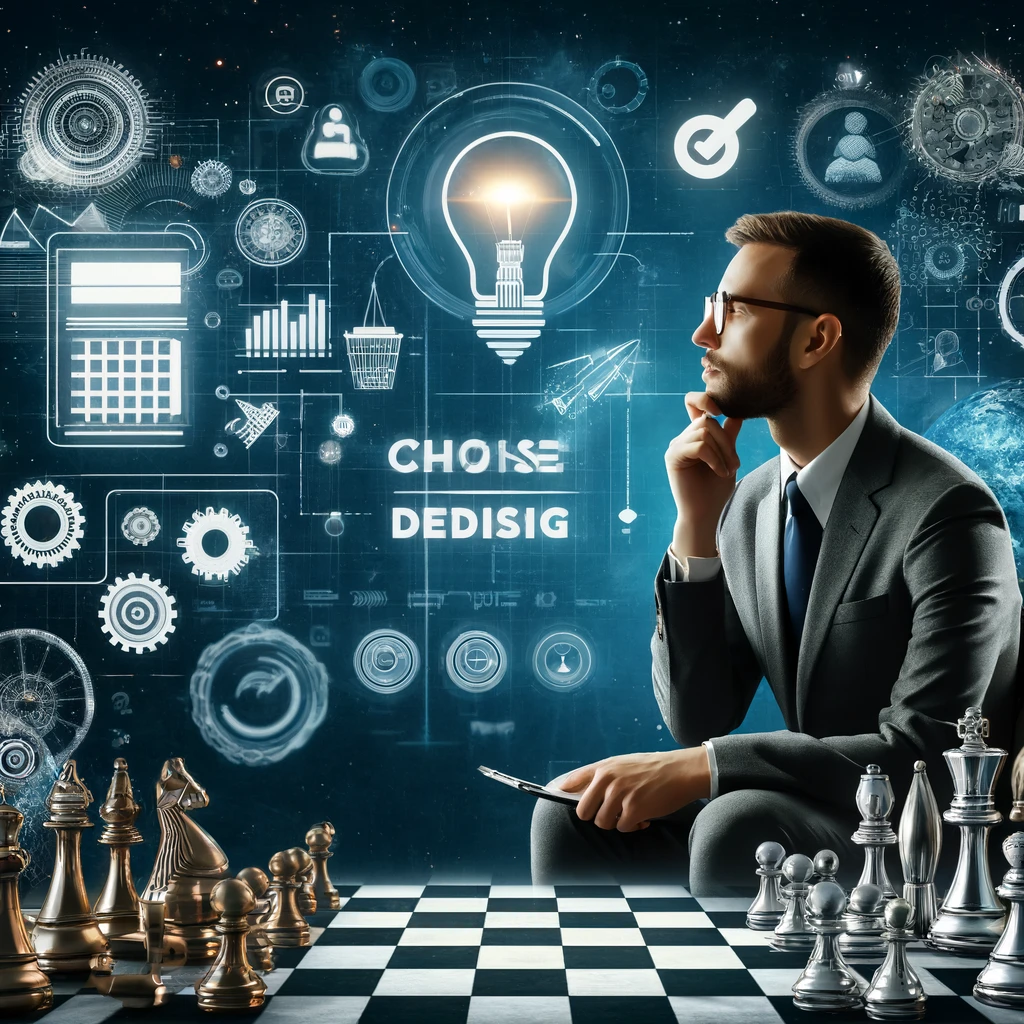 Businessman strategizing on chessboard with digital tablet amidst tech and design symbols.