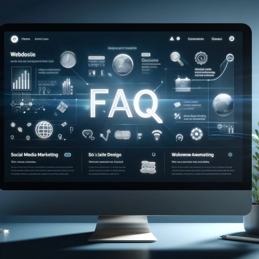 Modern FAQ interface on a computer screen with digital marketing and UX design icons.