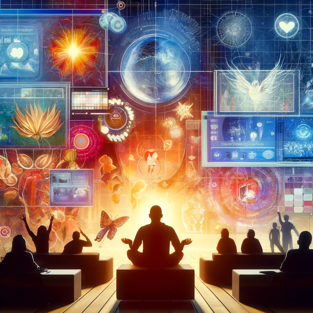 Futuristic digital artwork blending technology and spirituality in a radiant, meditative gathering.