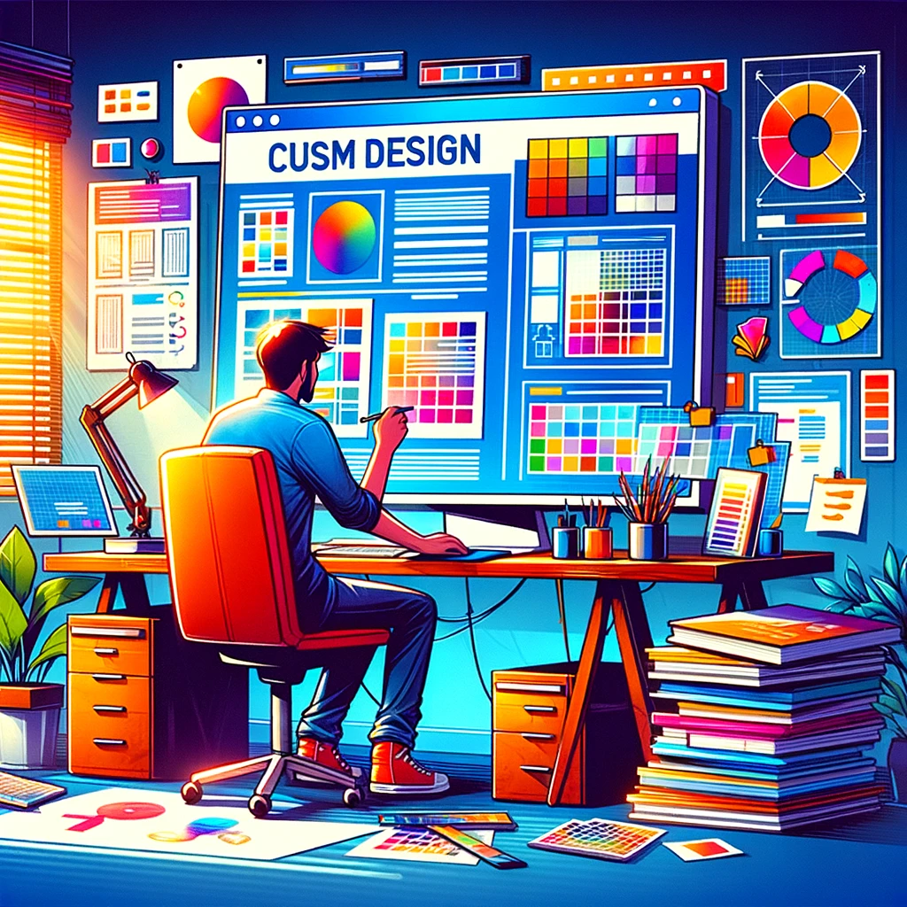 Digital designer creating custom web design in a colorful and chaotic workspace.