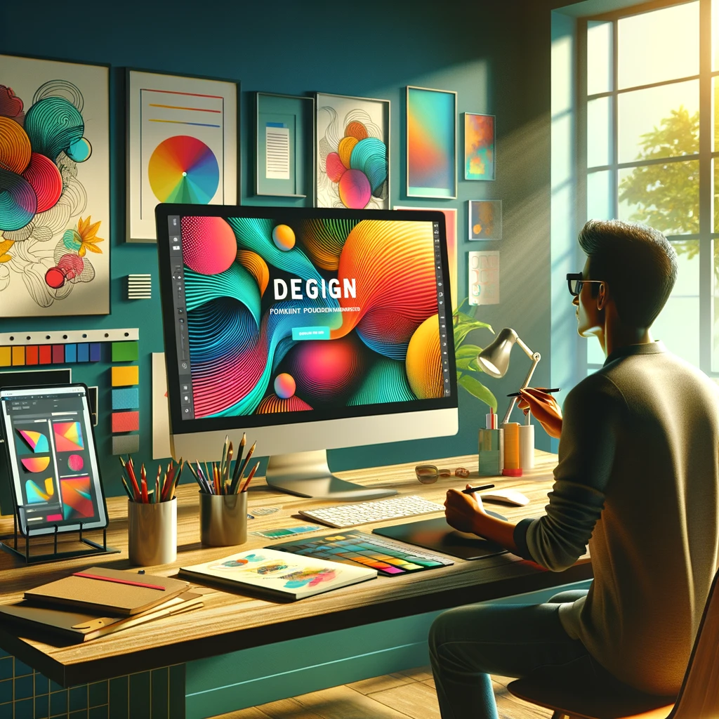 Graphic designer working on vibrant designs in a sunlit, cozy home studio.