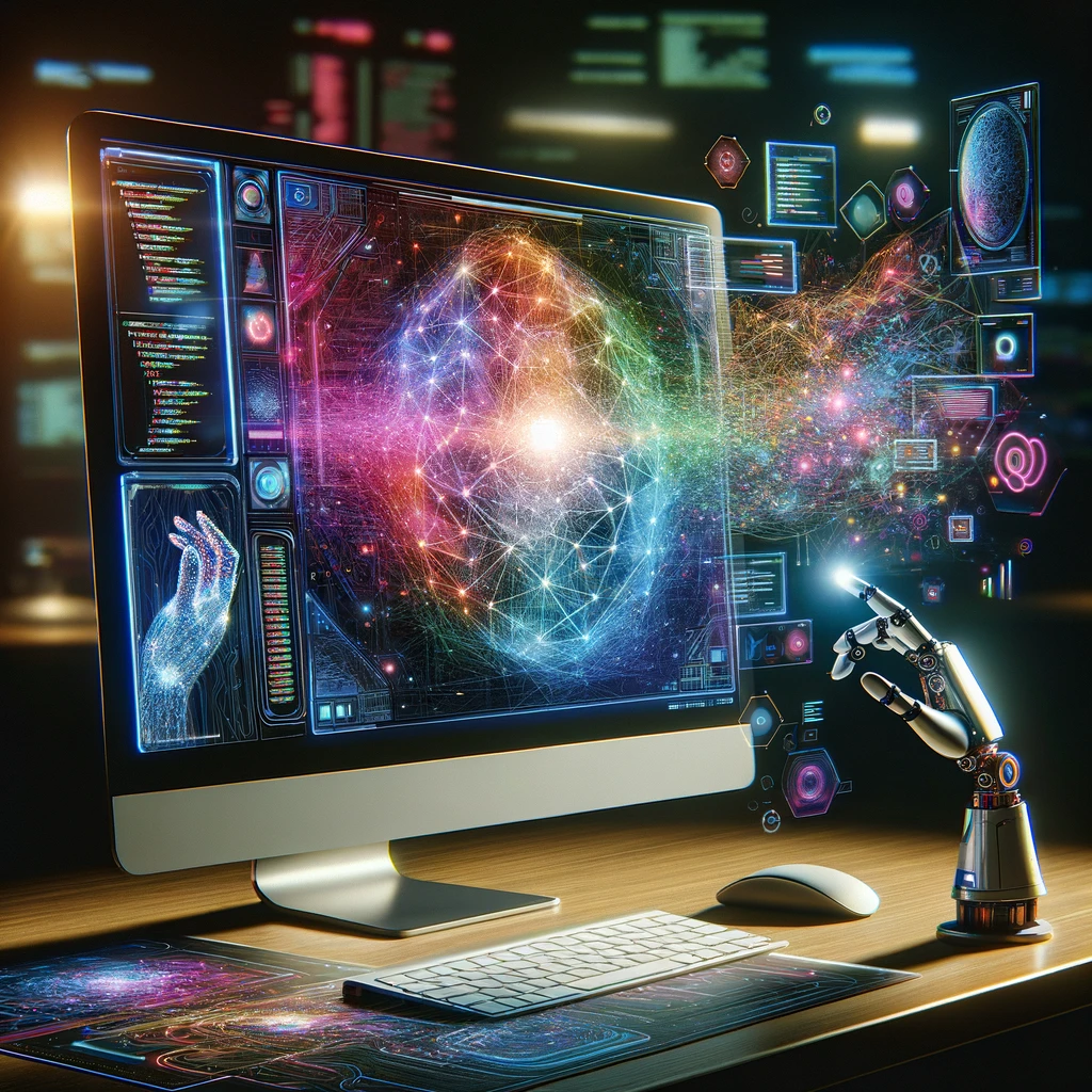 Futuristic workspace with high-tech computer setup, vibrant data visualization, and desktop robotic arm.