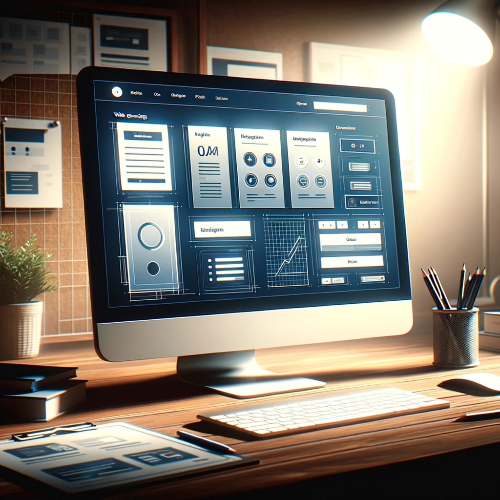 Modern workspace showcasing interactive web design concept on flat-screen computer.