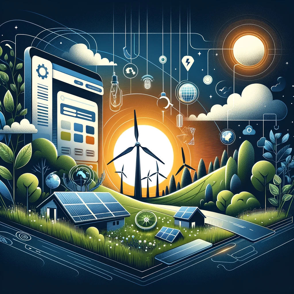Digital artwork illustrating renewable energy sources and sustainable technology integration in eco-friendly design.