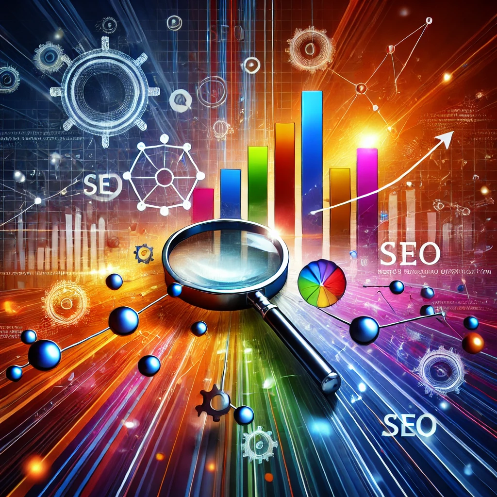 Visual guide to SEO trends with magnifying glass and colorful data analytics graphs.