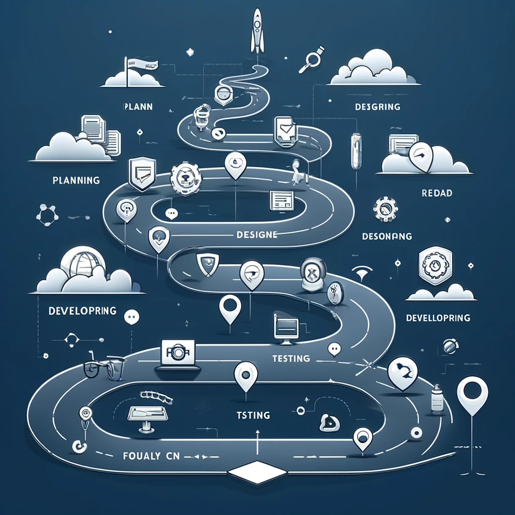 Infographic of a web design process cycle on a navy blue background with strategic icons.