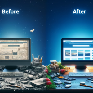 Before and after comparison of a cluttered, outdated workspace to a modern, organized one.