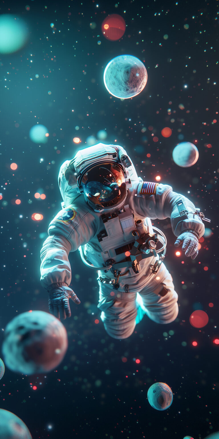 Astronaut explores cosmic realm amid stars and planets in space.