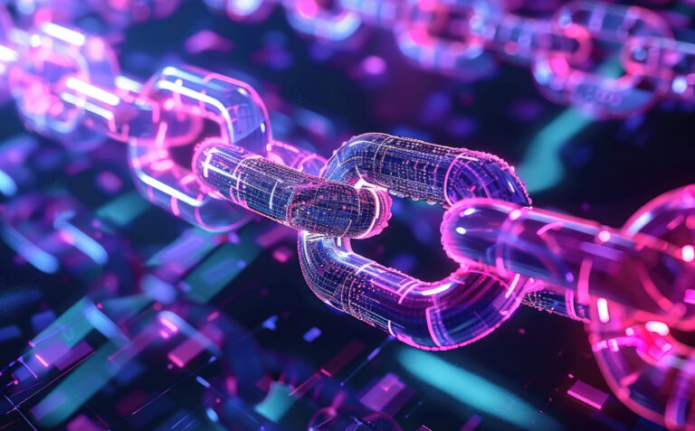 Digital blockchain illustration with glowing neon links in pink and purple hues.