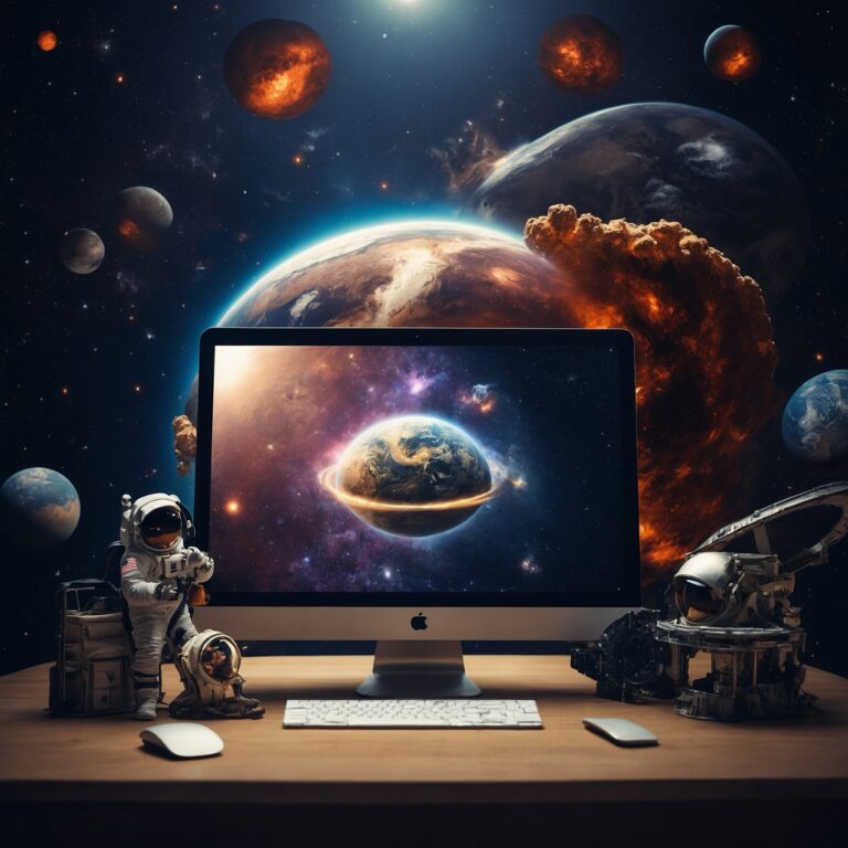 Surreal desktop setup merging office space with cosmic galaxy theme.