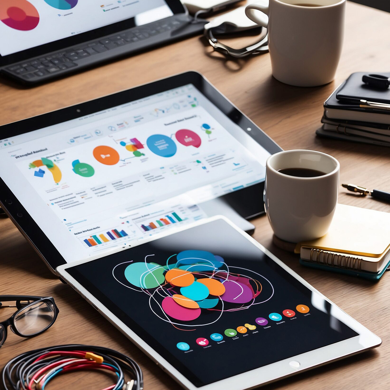 Data analysis workspace with tablet displaying Venn diagram and laptop showing graphs.