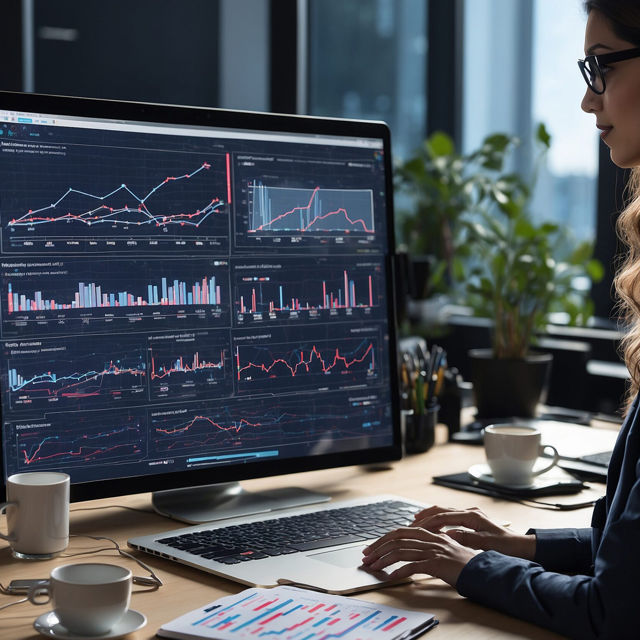 Businesswoman analyzing financial data on computer in office setting.