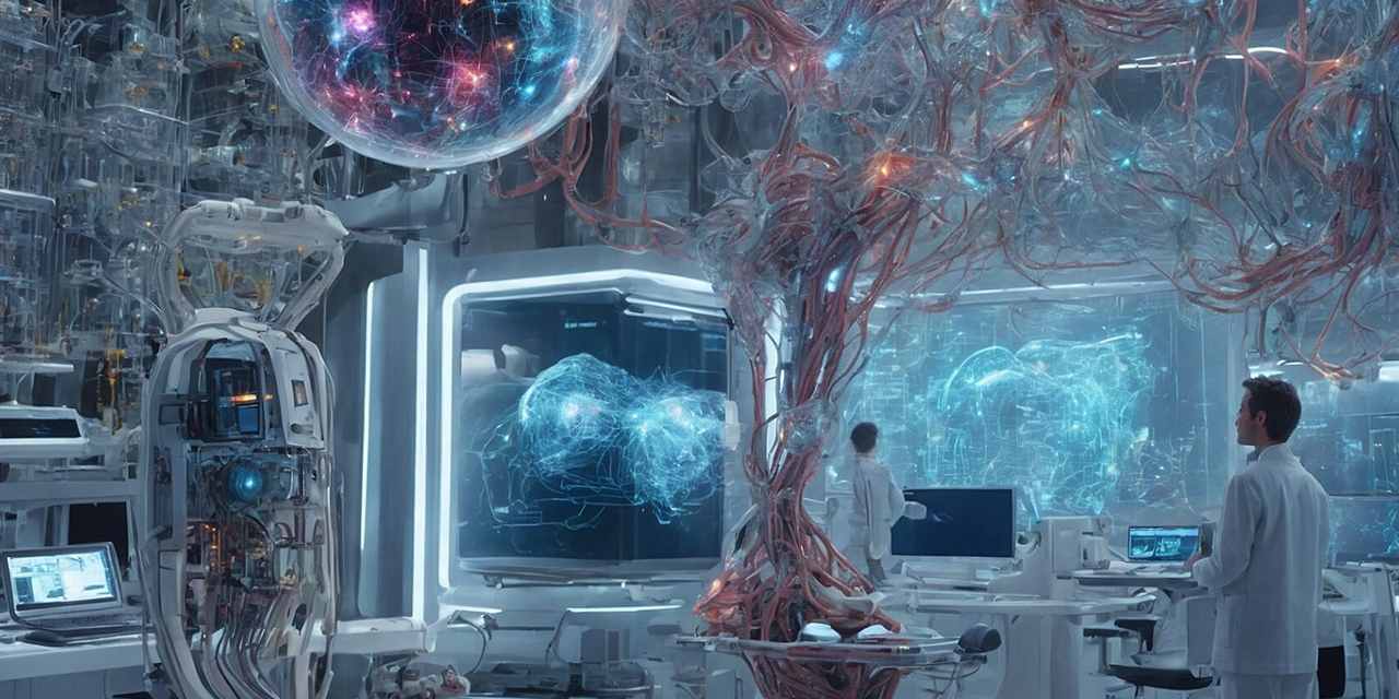 Futuristic lab with holographic universe display and neuron-tree experiment.