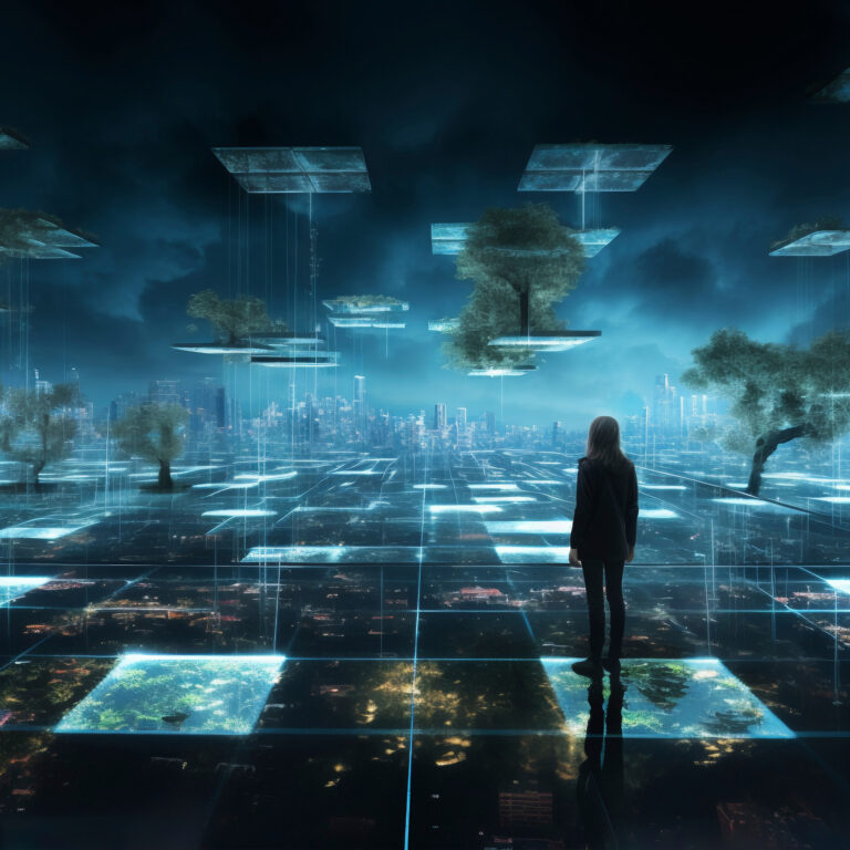 Futuristic landscape with illuminated floor panels and floating islands with light rainfalls.