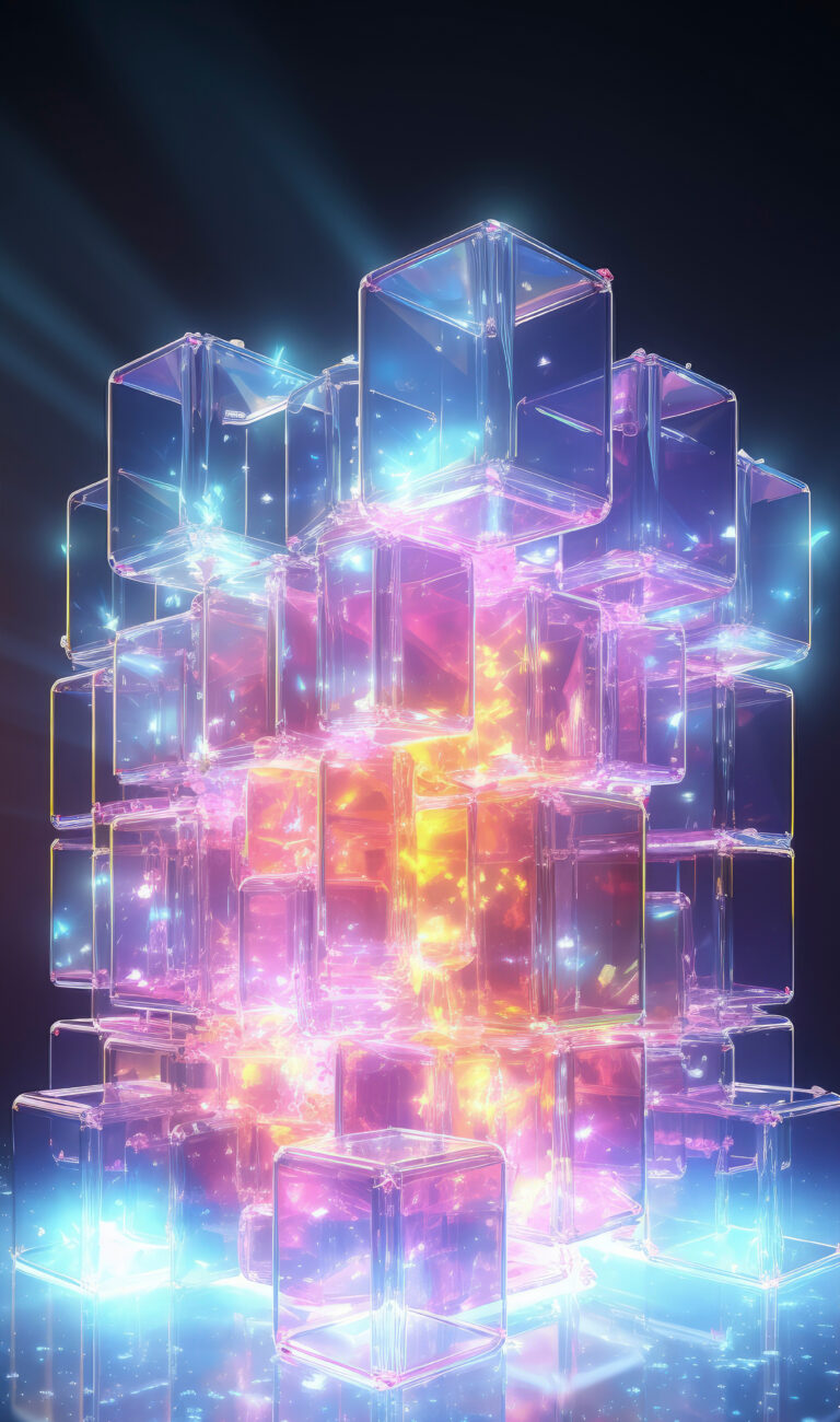 Glowing neon cube tower in a dark void, futuristic digital art.