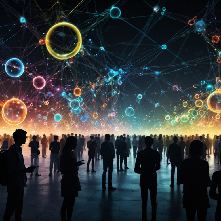 Silhouetted figures against a vibrant network of glowing connections.