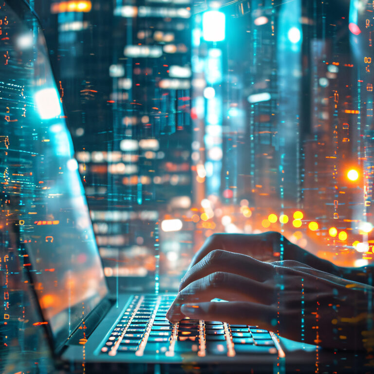 Person working on laptop at night with cityscape background.