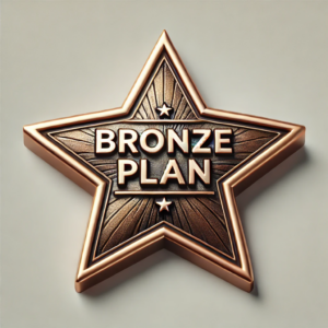 Bronzed 3D star featuring Bronze Plan text, reflecting quality and value on a gray backdrop.