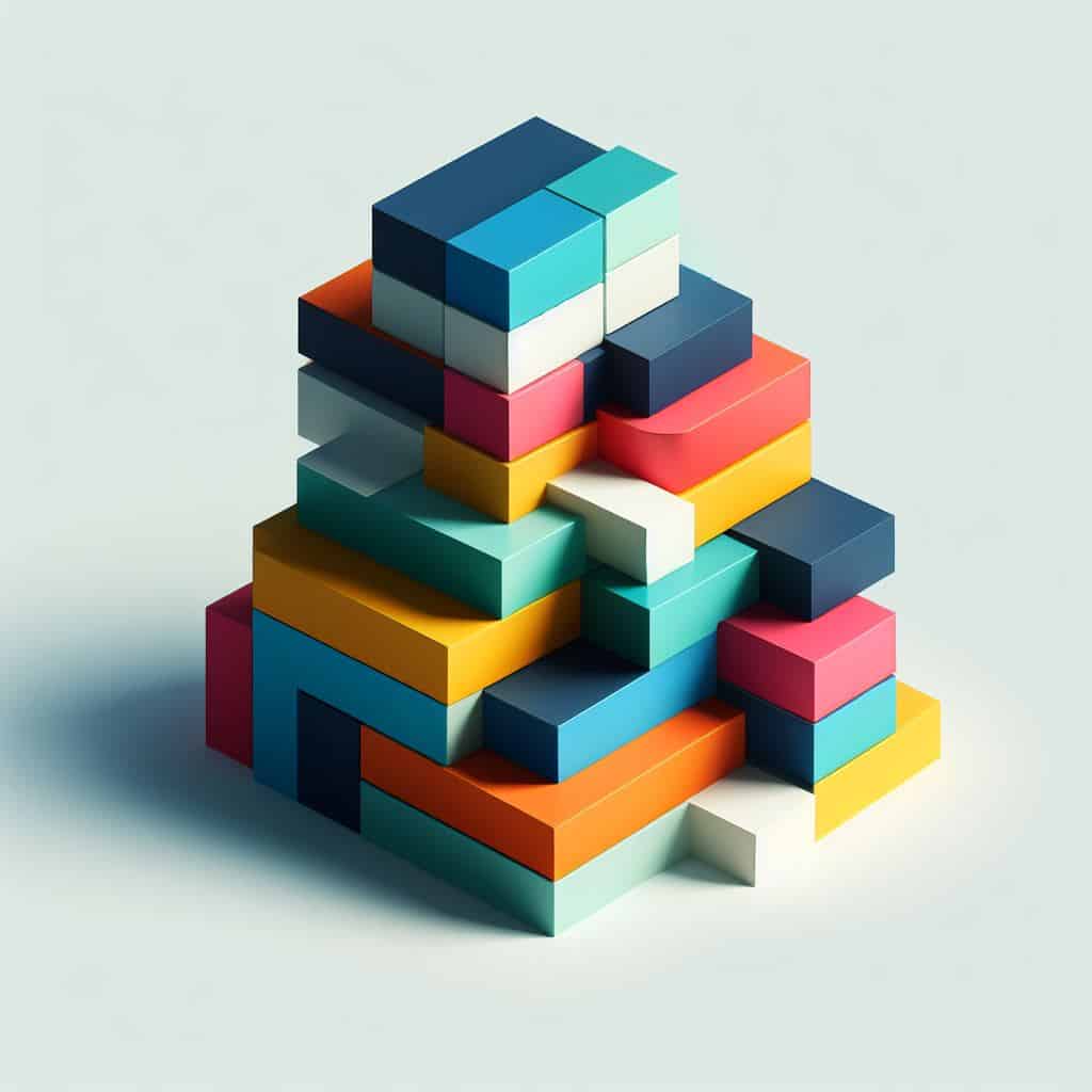 Colorful 3D pyramid of blocks illustrating web design creativity and structure.