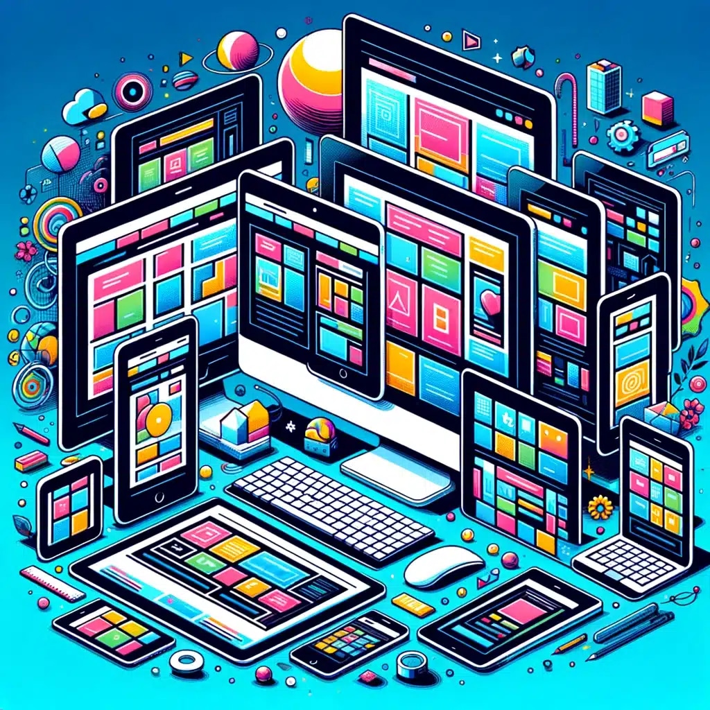 Colorful digital devices and geometric elements illustrating responsive web design concepts.