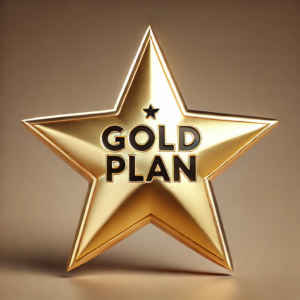 Elegant gold star with Gold Plan text, symbolizing luxury and exclusivity.