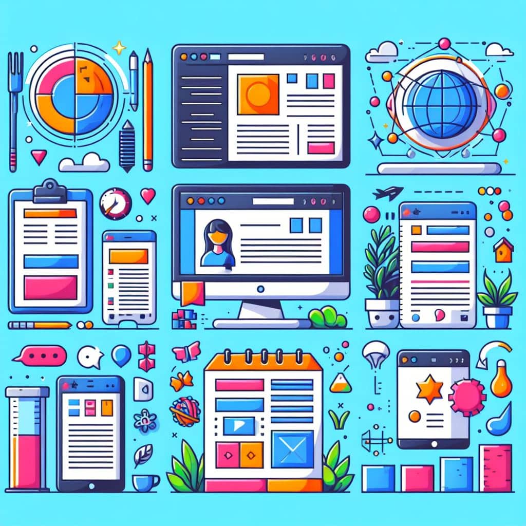 Colorful illustration of web design, SEO, and digital project management icons on blue background.