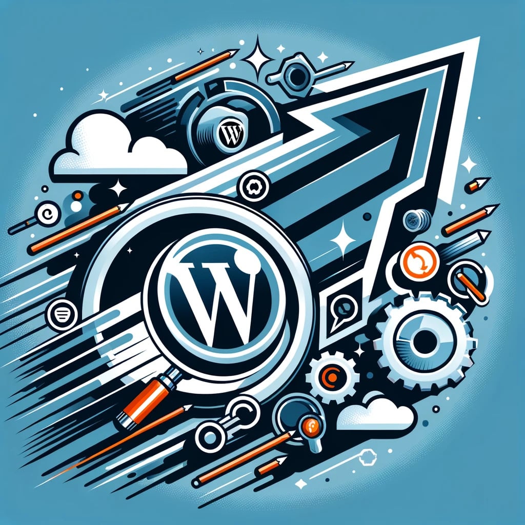 Dynamic WordPress logo with abstract tech elements for website optimization.