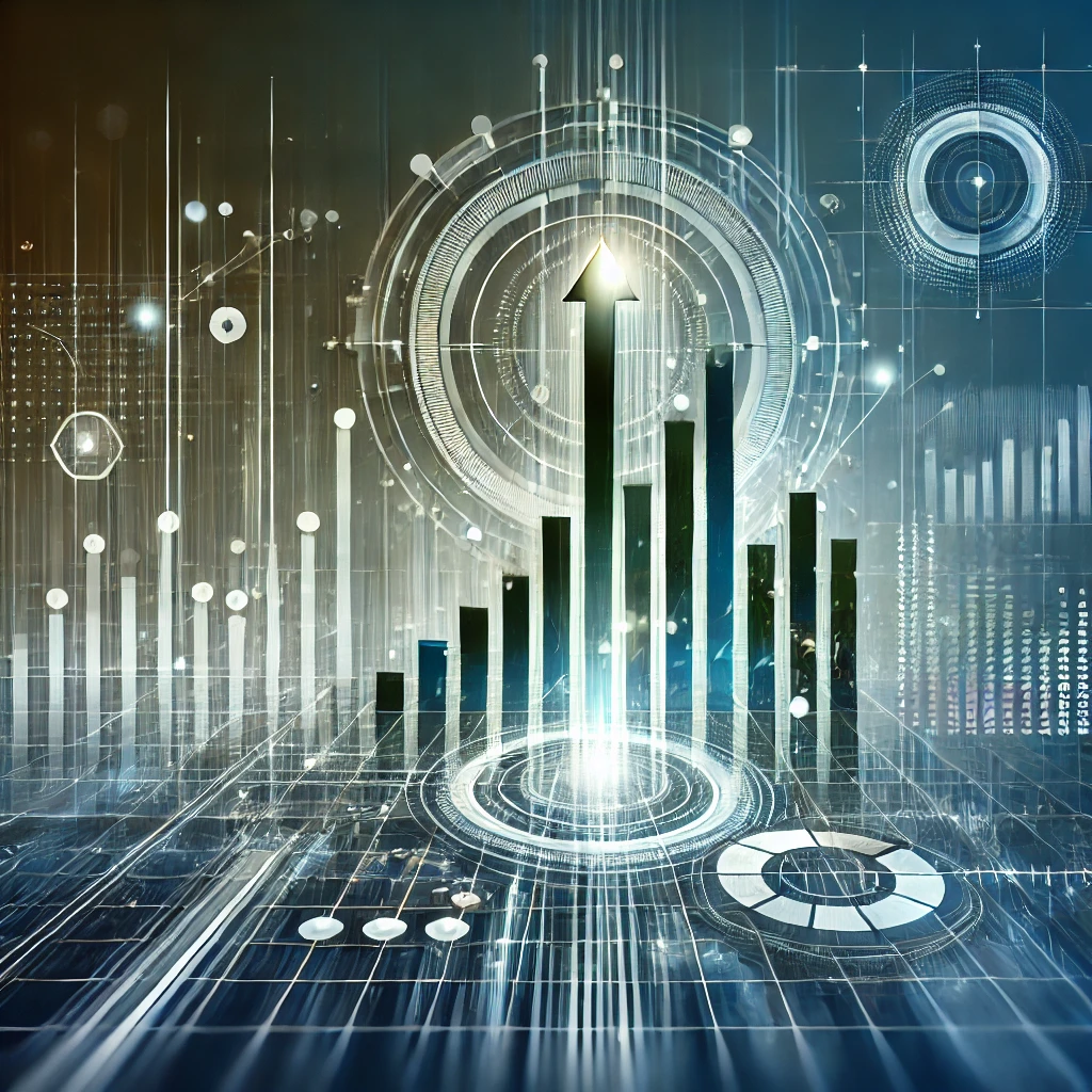 Futuristic data analytics visualization highlighting ROI growth with vibrant charts and digital elements.