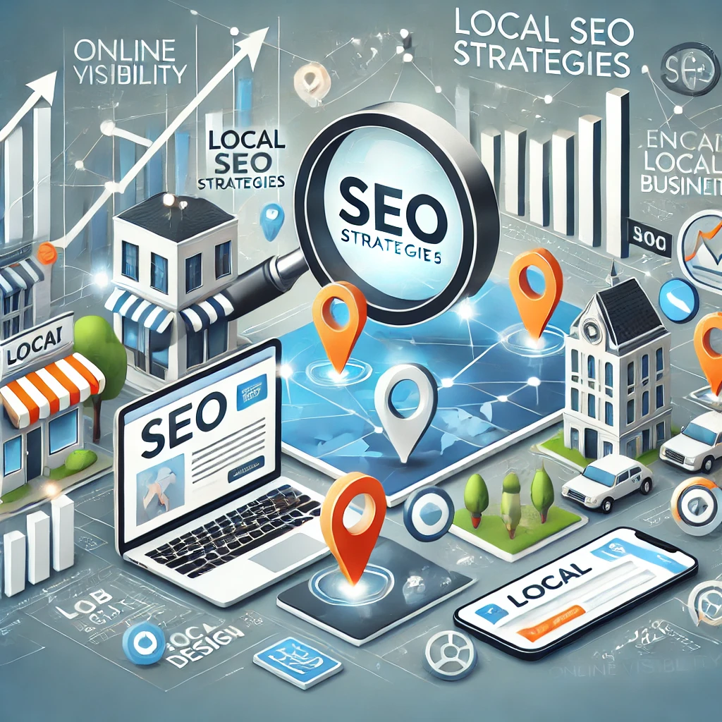 Isometric illustration of local SEO strategies with digital marketing tools and urban icons.