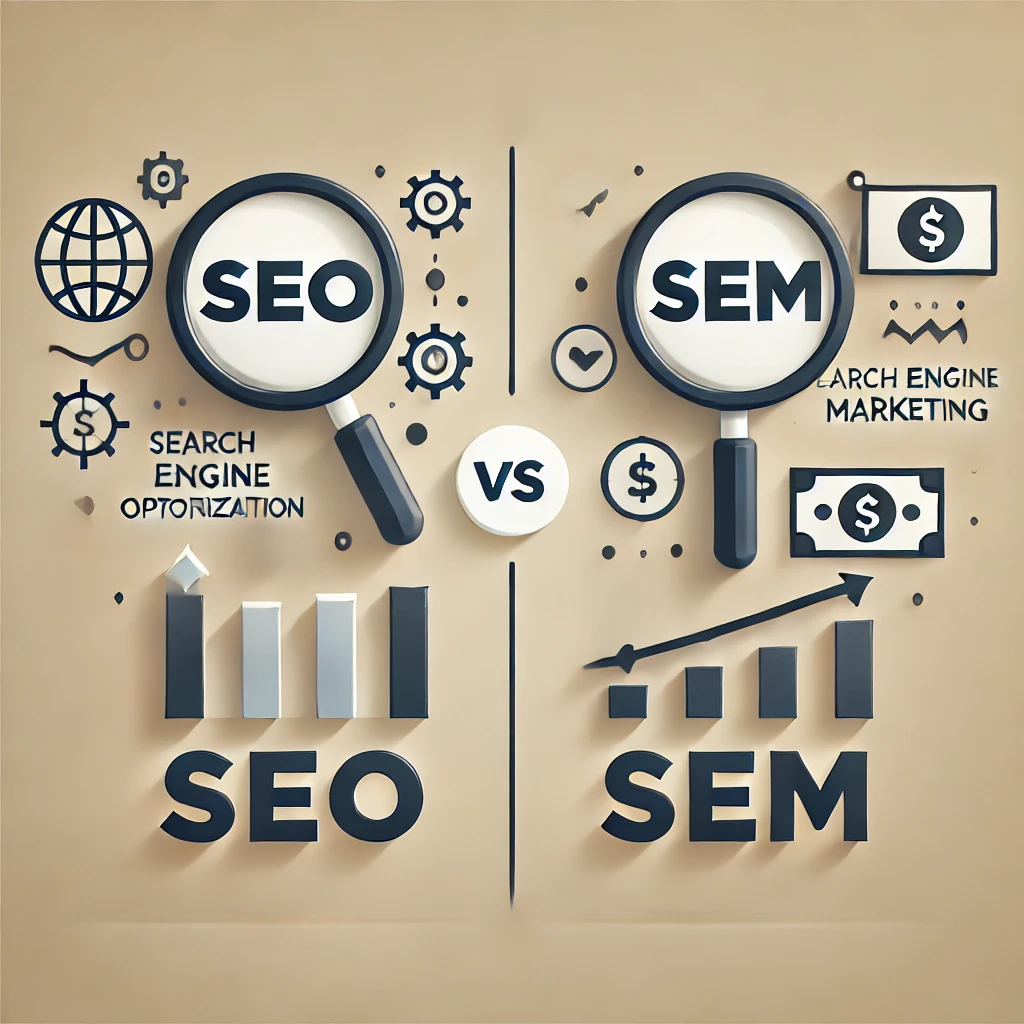 Infographic comparing SEO vs. SEM strategies in digital marketing.