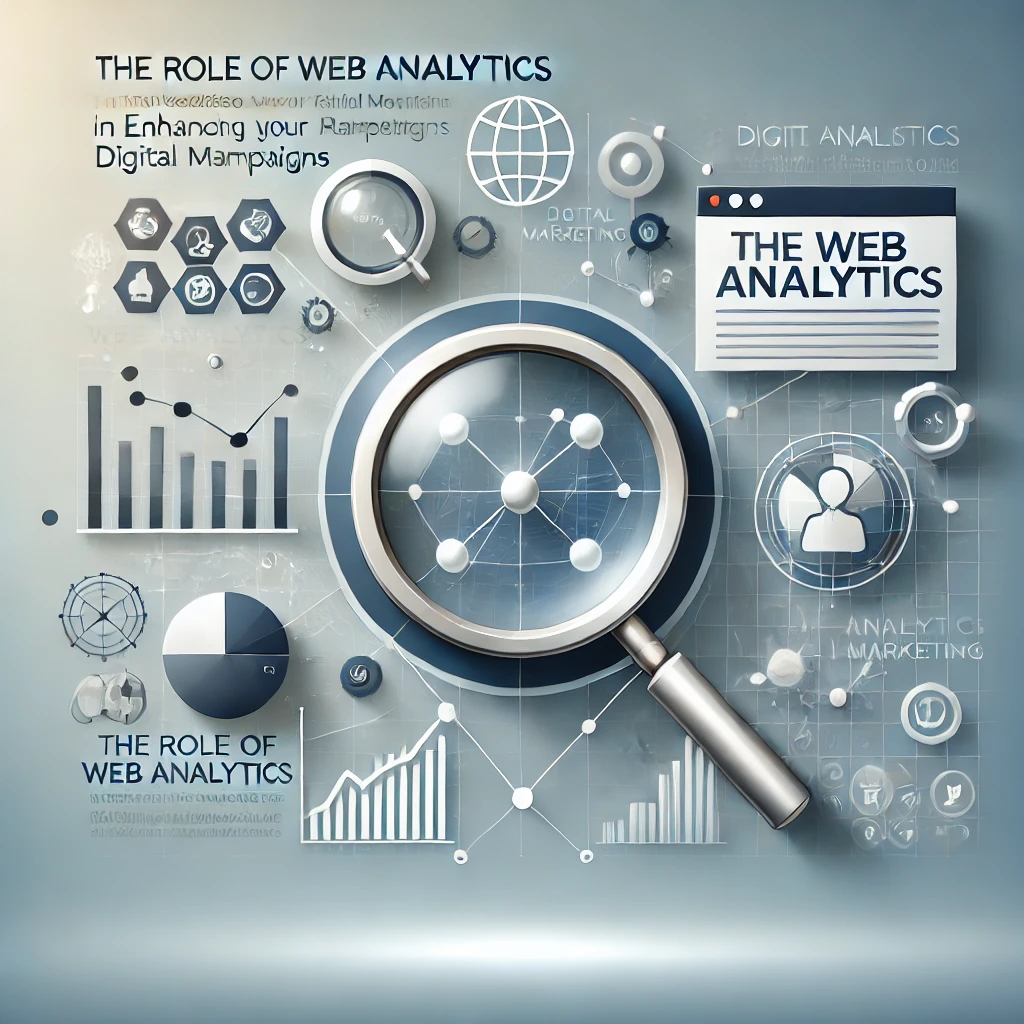 Web analytics and digital marketing concepts with graphs and magnifying glass.