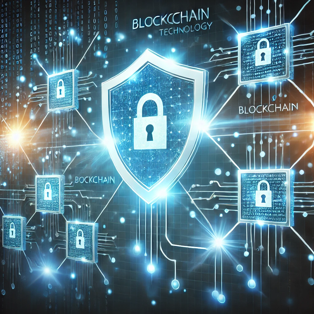 Digital illustration of blockchain security with interconnected shields and glowing blue elements.