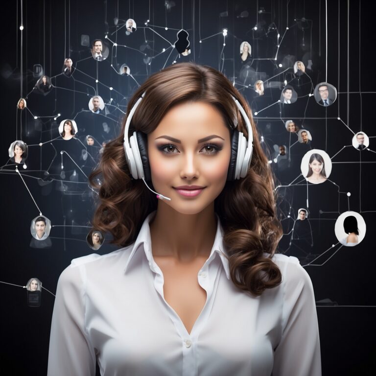 Professional female call center operator with digital network background in technology industry.