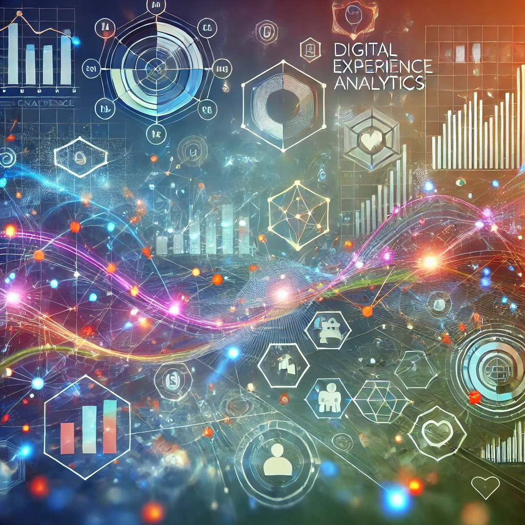 Digital analytics visualization with interconnected data points and vibrant neon graphs.